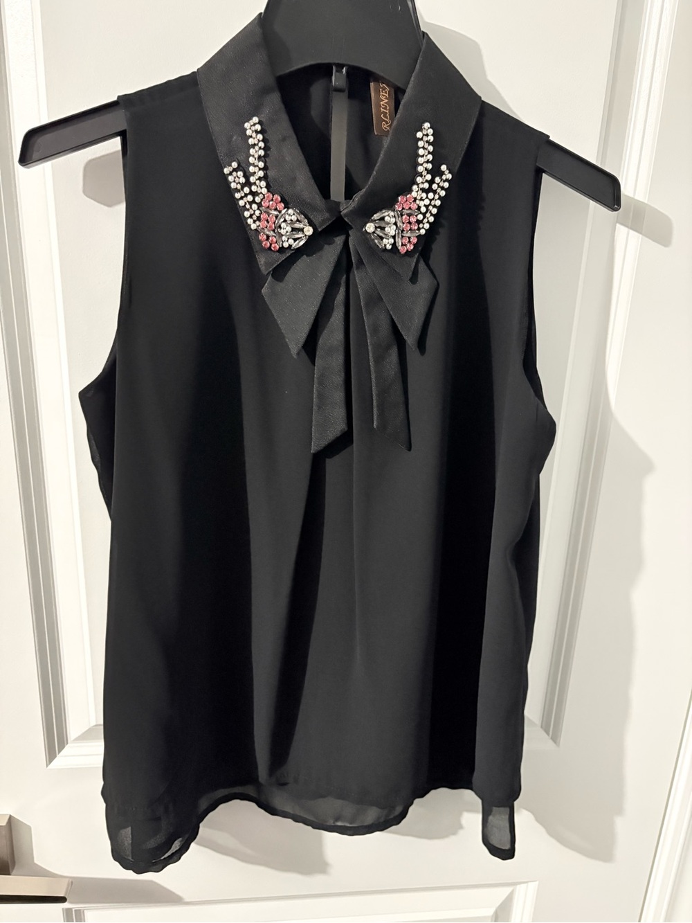 Embellished Black Bow-Collar Sleeveless Top